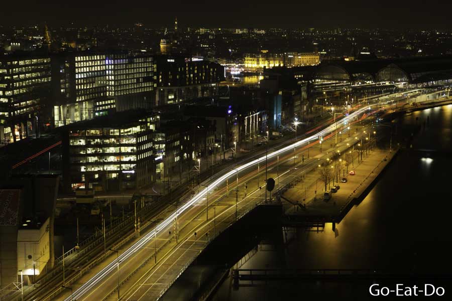 Road by the River Ij seen at night from a window in the Moevenpick hotel in Amsterdam, the Netherlands