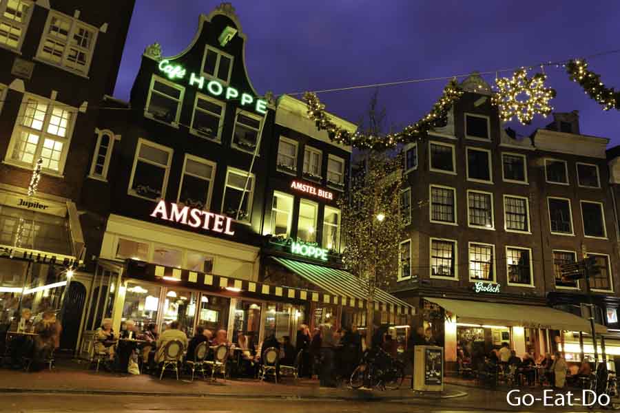 Cafe Hoppe and the Spui at night in central Amsterdam, the Netherlands