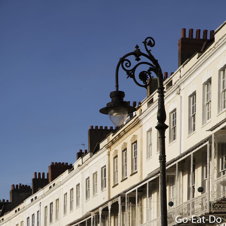 Streetlamp by Georgian houses on Royal York Cresent in the Clifton district of Bristol, England