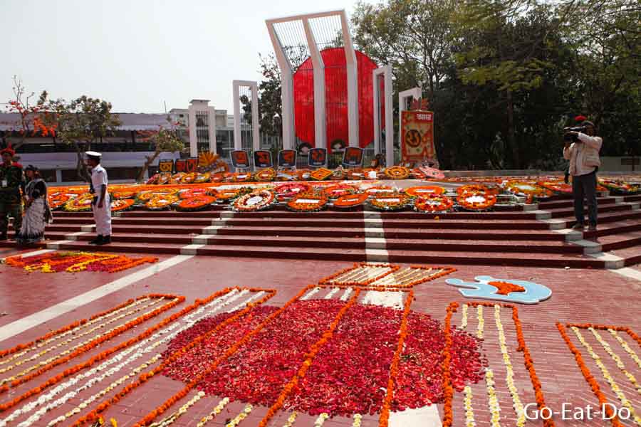 Floral tributes at Shaheed Minar, Martyr Monument, on International Mother Language Day in Dhaka, Bangladesh