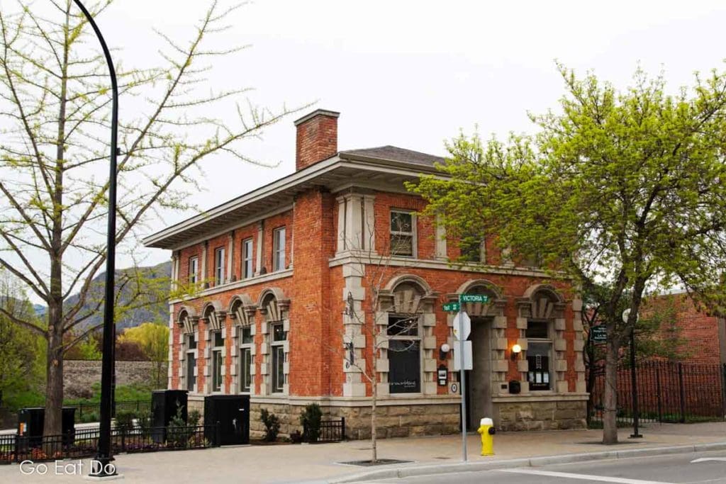 Facade of Brownstone Restaurant in Kamloops, BC. The building was formerly the bank in which poet Robert Service worked.