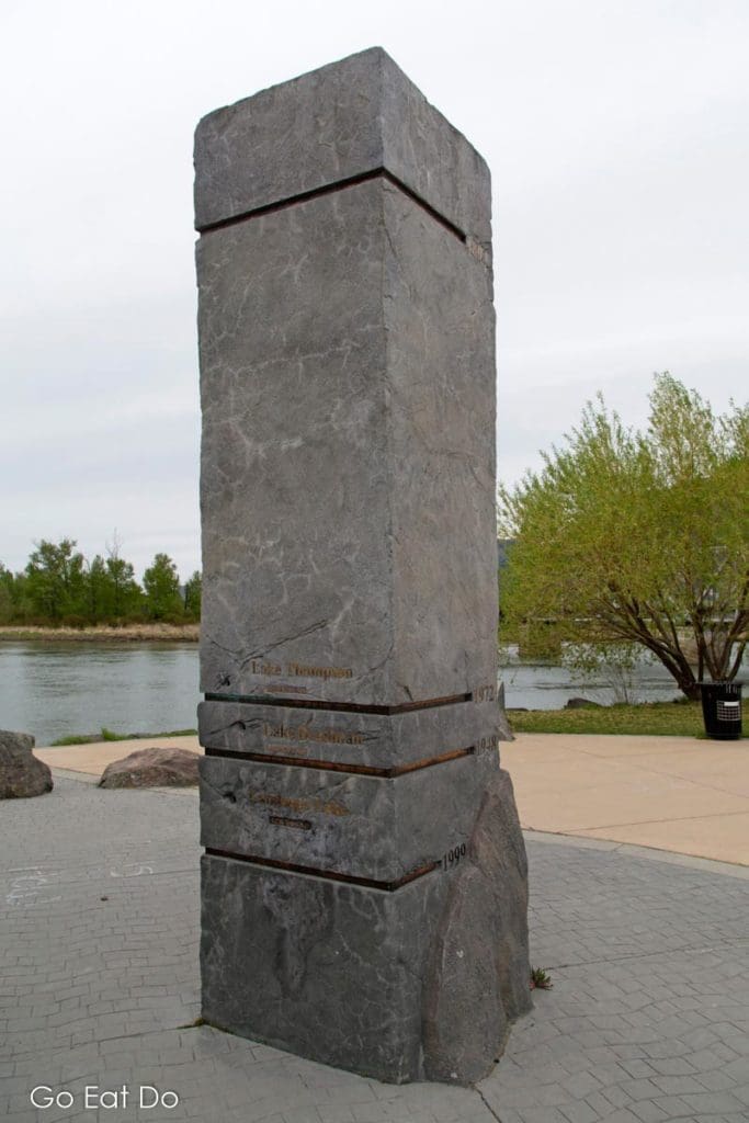 Monument in the Riverside Park showing flood levels recorded in Kamloops, Canada. Kamloops stands by the confluence of the North Thompson and South Thompson Rivers.