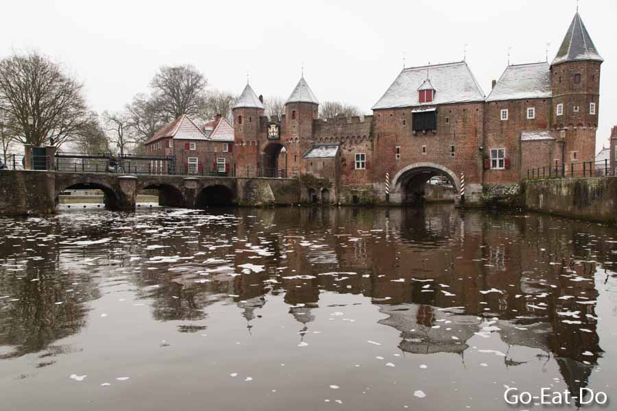Winter view of the Koppelpoort restored medieval gateway in Amersfoort, the Netherlands