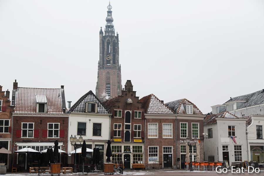 Winter view of restaurants and bars on the Hof public square in Amersfoort, the Netherlands