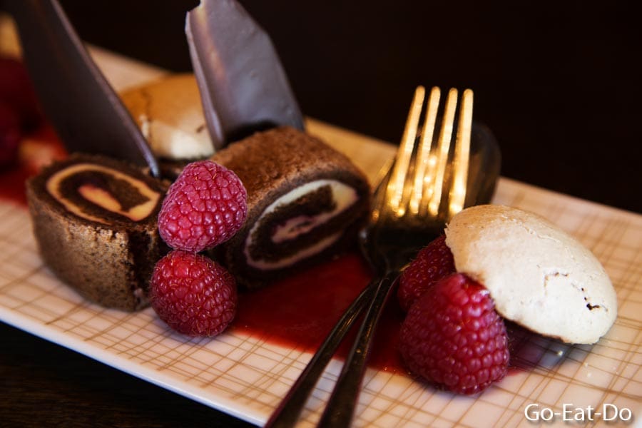 Dessert featuring fresh fruit and chocolate roll at Apples restaurant in the Park Hyatt Hamburg hotel, Germany