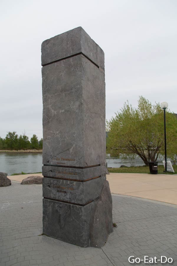 Monument recording the flood levels of the Thompson River at Riverside Park in Kamloops in British Columbia, Canada