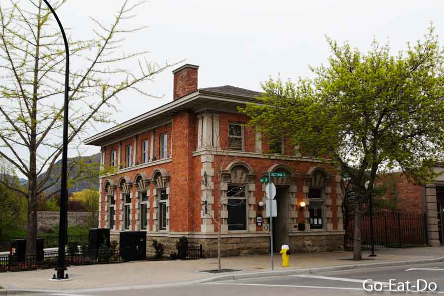 Facade of Brownstone Restaurant, formerly the bank where poet Robert W. Service worked, in Kamloops, British Columbia, Canada