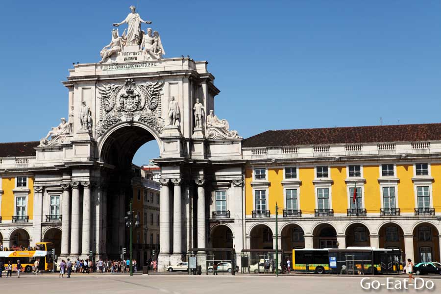 Rua Augusta Arch at the Praça do Comércio by the waterfront in the Baixa district of Lisbon, Portugal