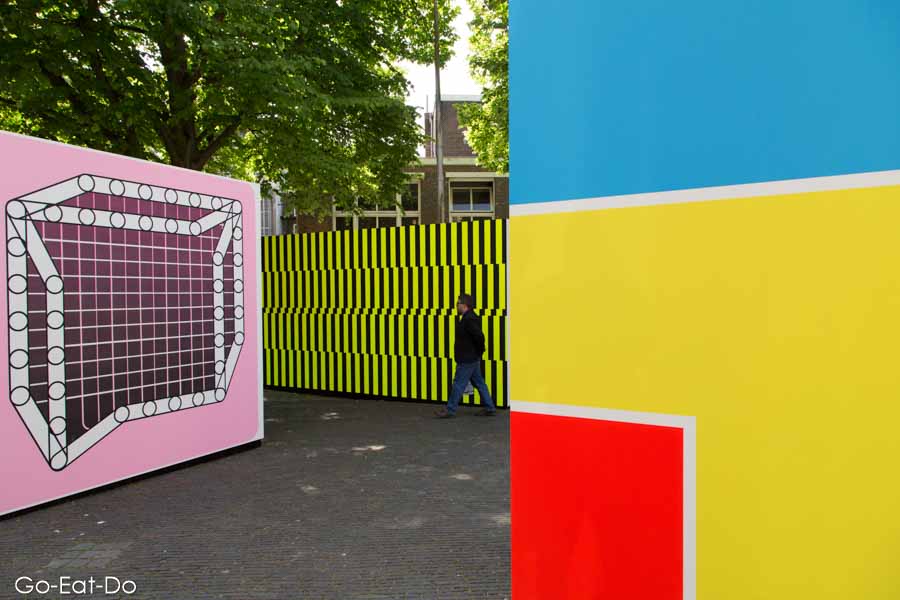 Artworks on display at the 100 Years After De Stijl outdoor art exhibition in Leiden, the Netherlands