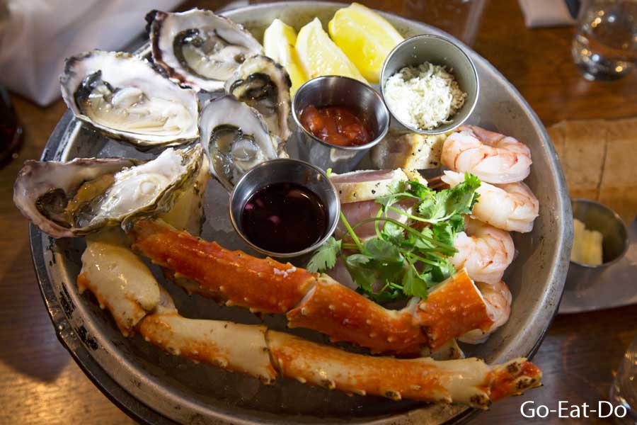Fresh seafood is popular in Vancouver. This platter was served at the Sandbar Seafood Restaurant on Grenville Island.