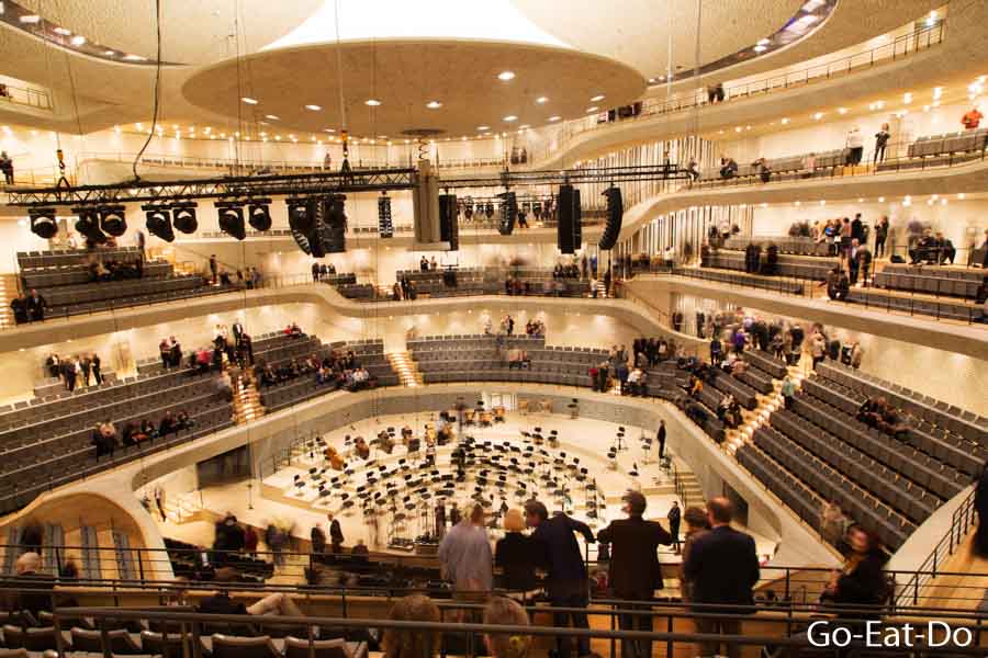 The main concert hall within the Elbphilharmonie in Hamburg, Germany. 