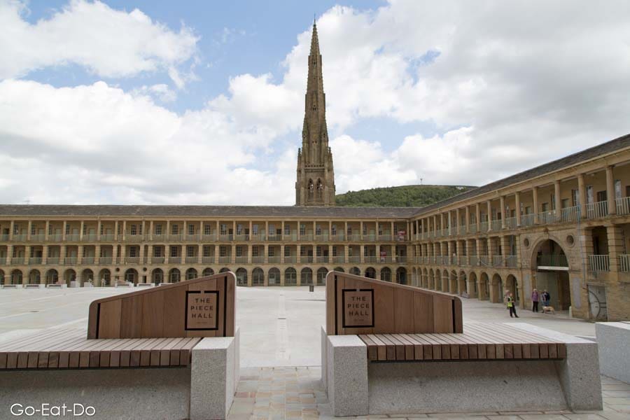 Seating in the redeveloped courtyard of the Piece Hall in Halifax, England