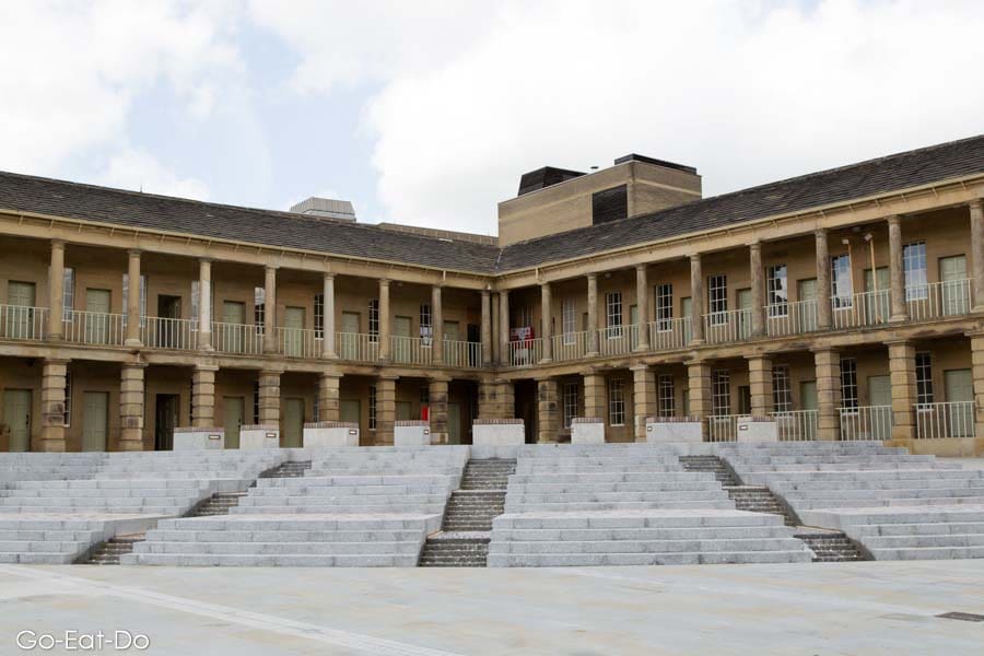 The stepped water feature within the renovated courtyard at the Piece Hall in Halifax.
