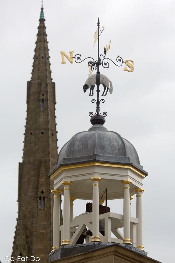 The renovated weather vane of the Piece Hall, and spire of Square Chapel, in Halifax, England.