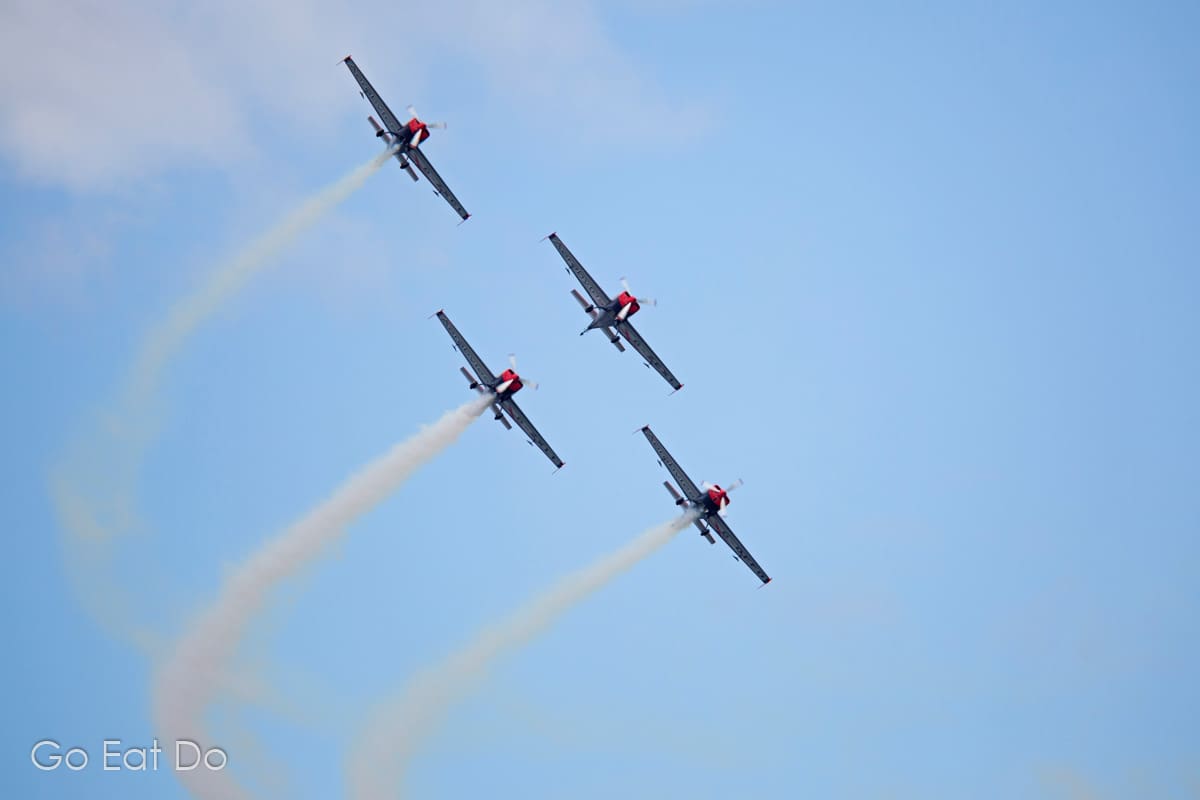 The Blades aerobatic team, the only full-time civilian aerobatics team based in the United Kingdom, flying at Sunderland.