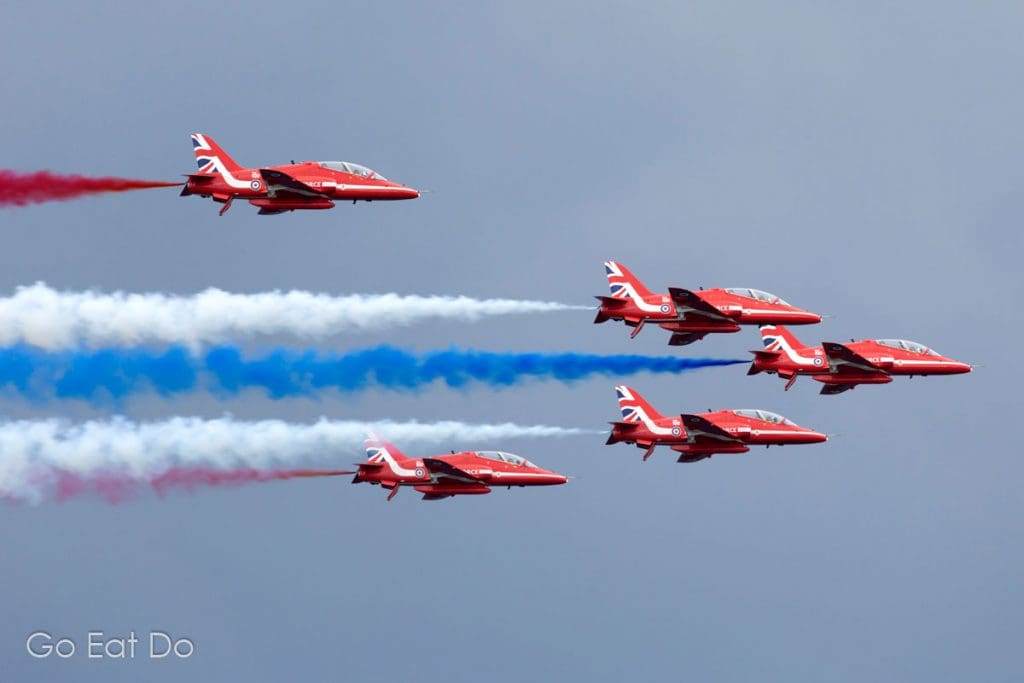The Red Arrows Flying in formation for onlookers in Sunderland.
