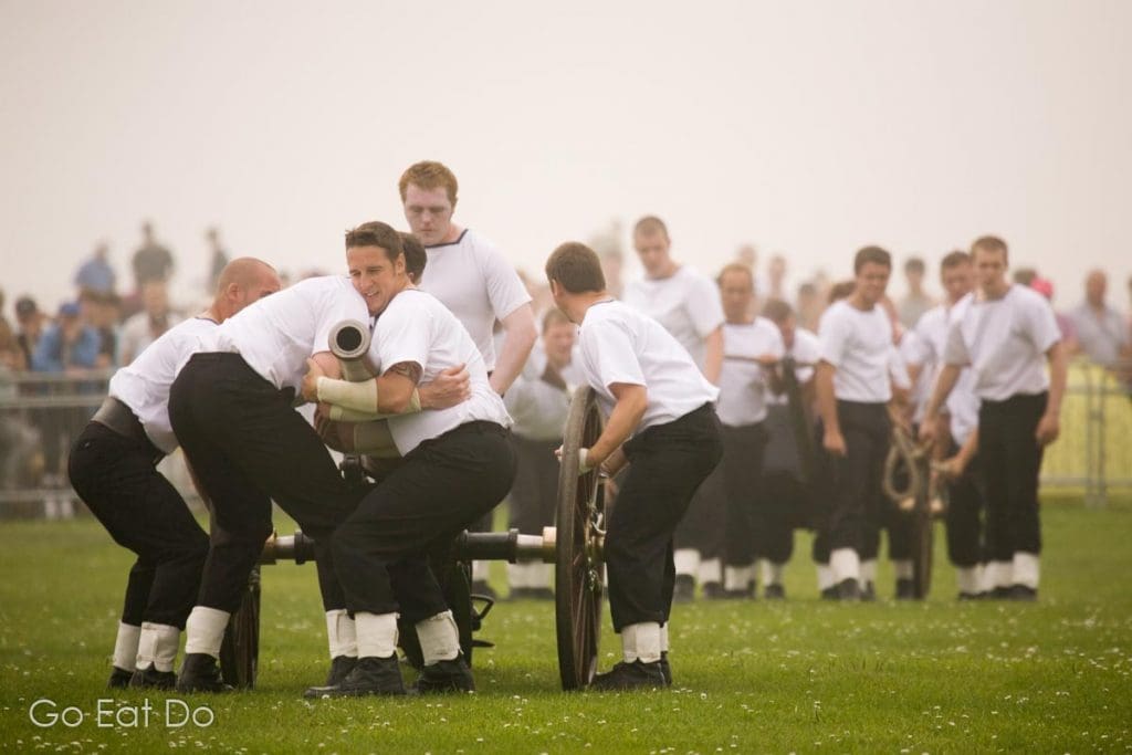Members of the Royal Navy in the traditional competition of gun carriage running at Roker Cliff Park in Sunderland.