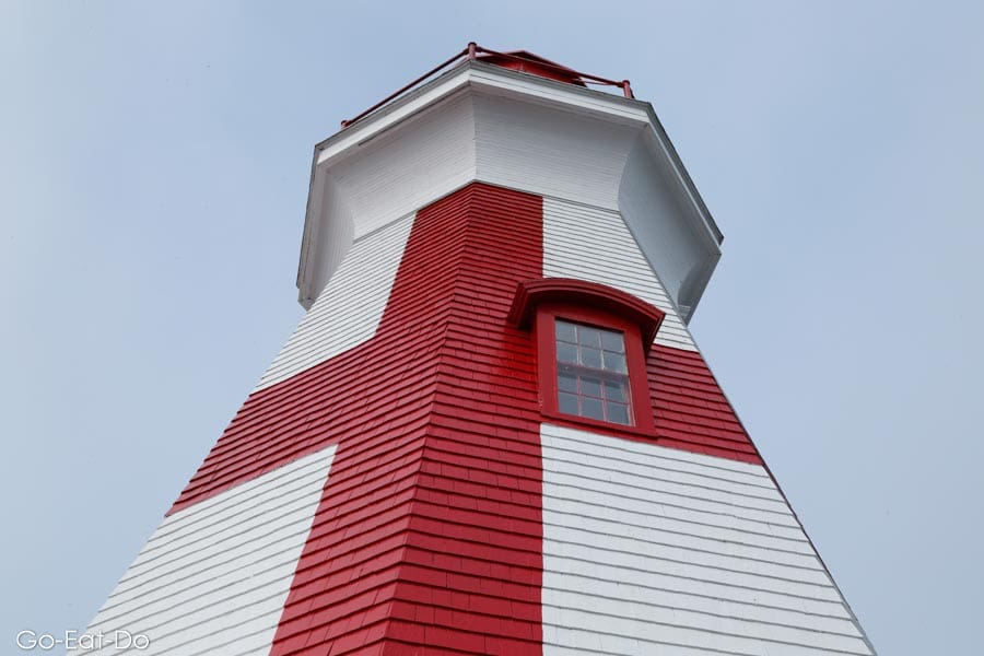Red cross on Head Harbour Lightstation, a lighthouse on Campobello Island in New Brunswick, Canada