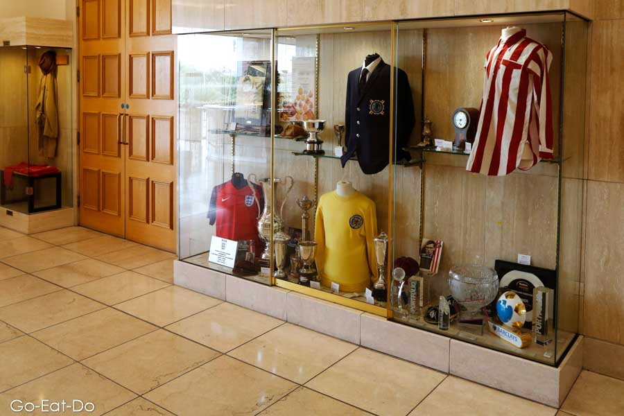 Sunderland AFC memorabilia in the entrance lobby of the Stadium of Light.