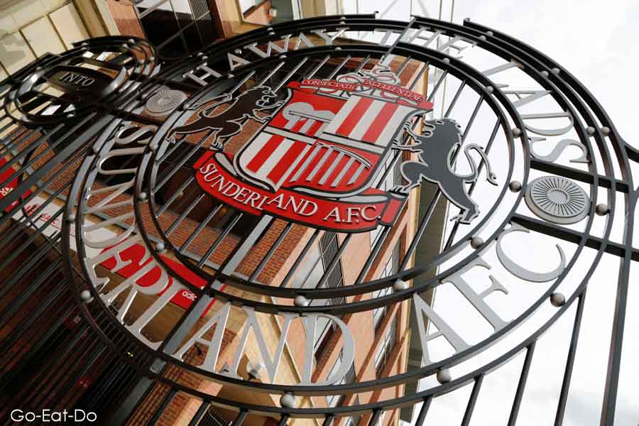 The Sunderland AFC club crest on the gates at the Stadium of Light football ground in Sunderland, England