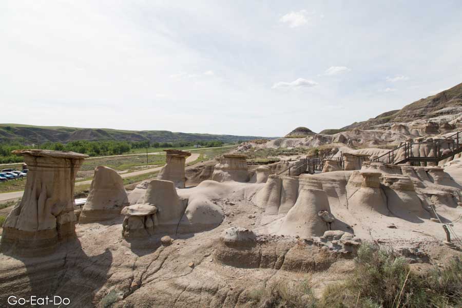 Hoodoos, a landscape of rock formations formed by the erosion of Bentonite, in the Badlands of Alberta, Canada. The hoodoos are also known as earth pyramids and tent rocks.