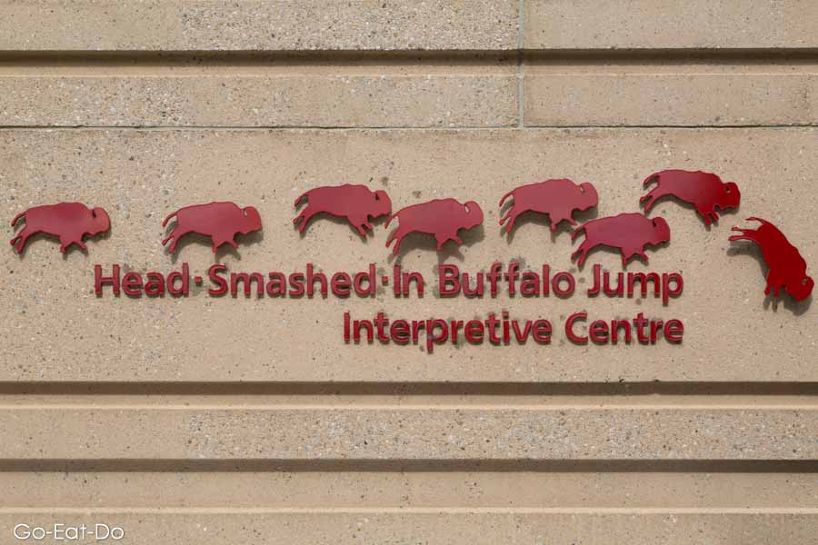 Logo at the interpretive centre of Head-Smashed-In Buffalo Jump in Alberta, Canada. The First Nations' hunting ground was used for 6,000 years and is today designated a UNESCO World Heritage Site.