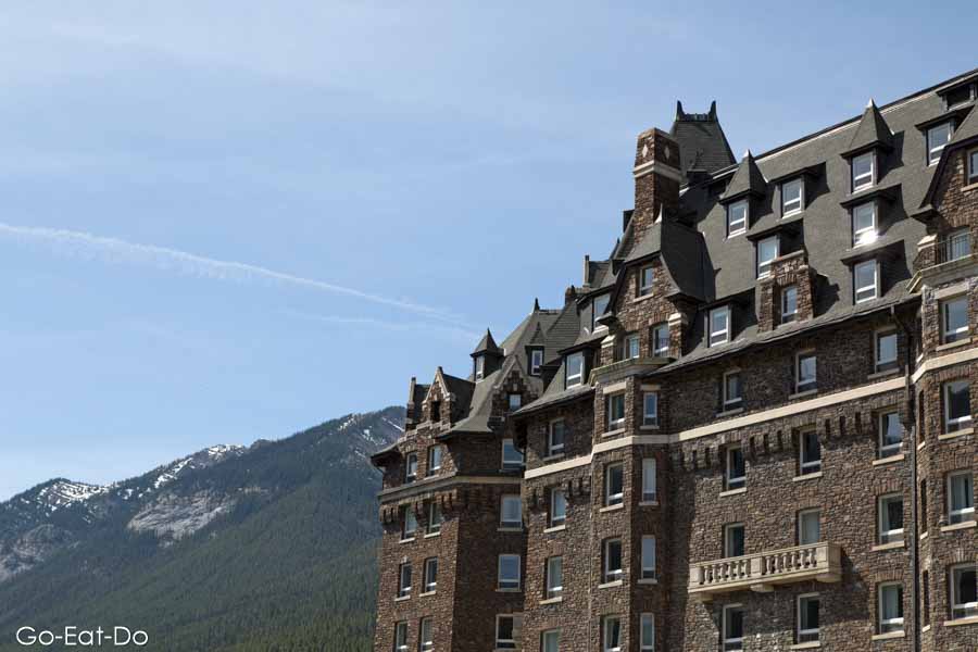 Part of the castle-like faface of the Fairmont Banff Springs Hotel in Banff.