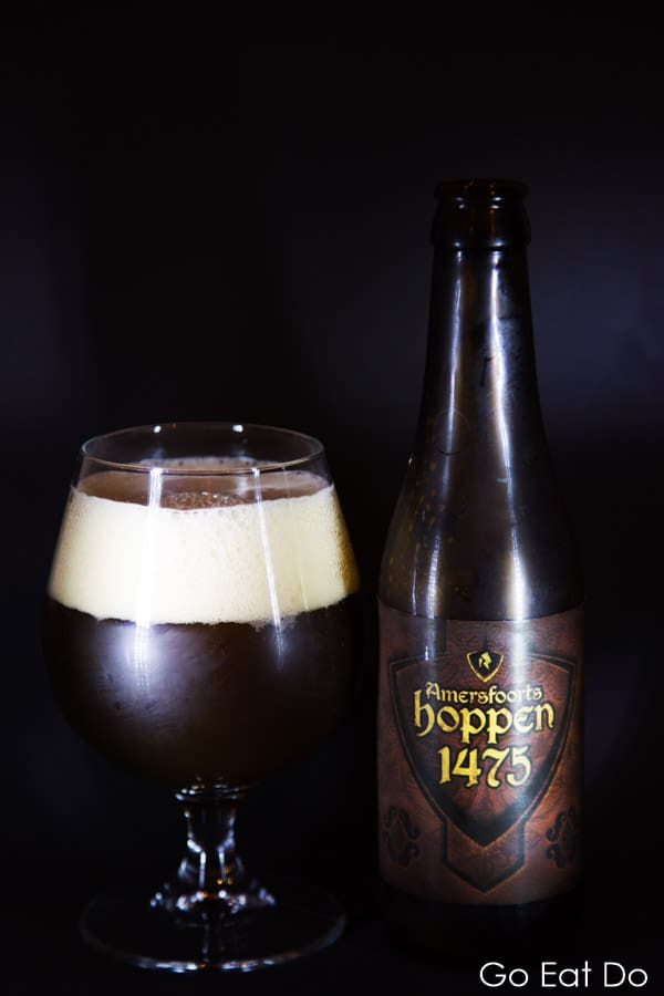 Bottle of Amersfoorts Hoppen 1475 beer, inspired by a medieval recipe, in Amersfoort, the Netherlands.