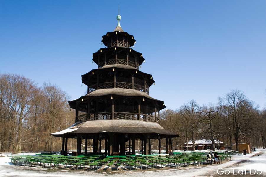 Chinesischer Turn, Chinese Tower, on a sunny winter day in the Englischer Garten beer garden in Munich, Germany