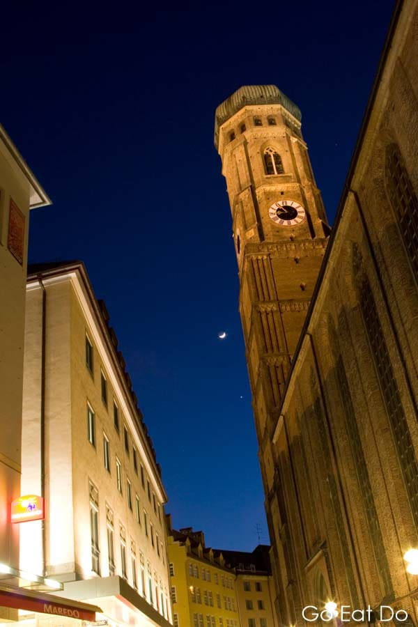 One of the twin towers of the Frauenkirche, the Church of Our Lady, at night in Munich, Germany