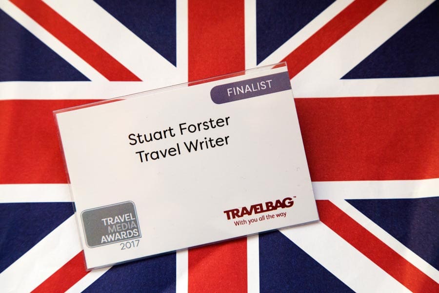 Stuart Forster's Finalist badge at the Travel Media Awards in London, England