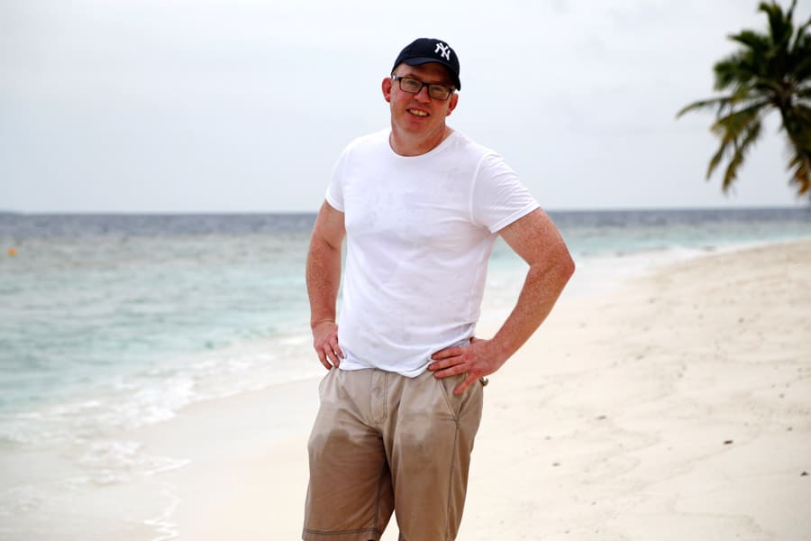 Travel writer and blogger Stuart Forster on a beach at Bandos Island in the Maldivesthe Travel Media Awards was very different to this kit, worn while undertaking research in The Maldives.