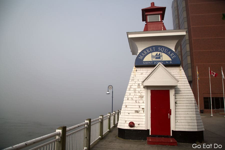 Lighthouse bearing a sign for Market Square in Saint John, New Brunswick
