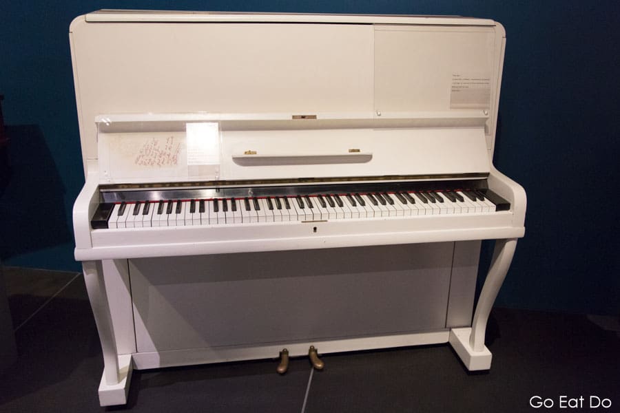 White piano used by Elton John while composing his first five albums at Studio Bell, the National Music Centre at Calgary in Alberta, Canada