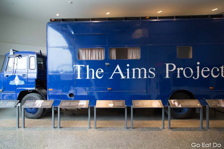 The Rolling Stones' Mobile Recording Studio with the Aims Project logo at Canada's National Music Centre in Calgary, Alberta