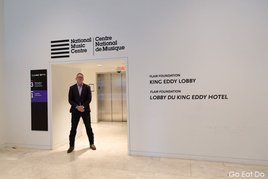 Travel writer and blogger Stuart Forster in the King Eddy Lobby at Studio Bell, home of the National Music Centre, in Calgary, Alberta, Canada