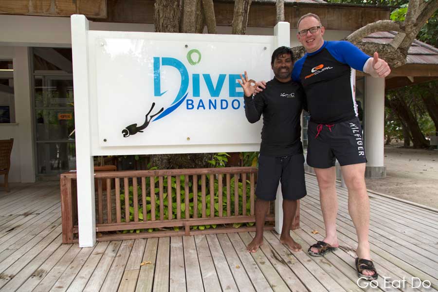 Instructor Mohammad with travel writer and blogger Stuart Forster at the PADI-accredited dive centre at the Bandos Maldives