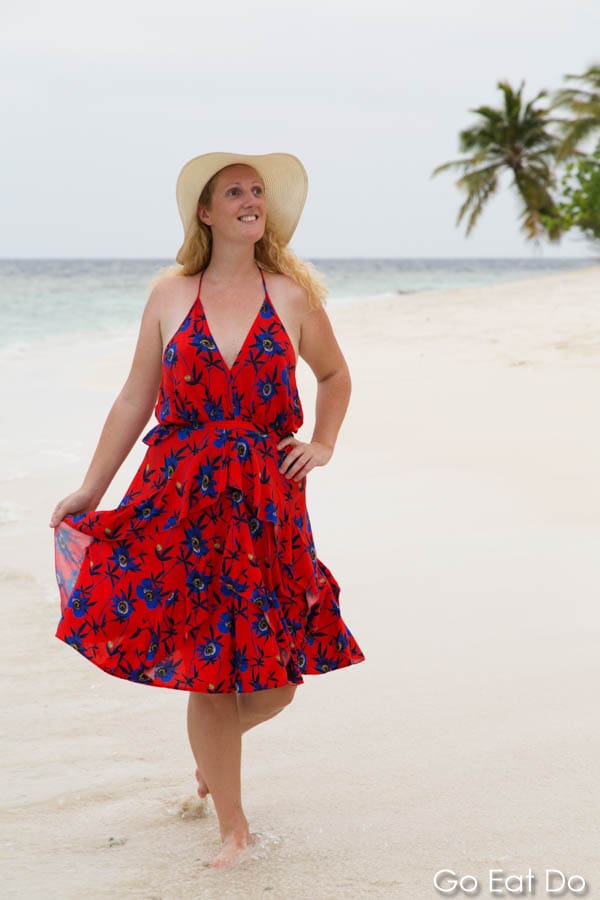 Travel Blogger Janet Newenham modelling clothing from Primark on the beach at Bandos Island. following the World Travel Writers' Conference.