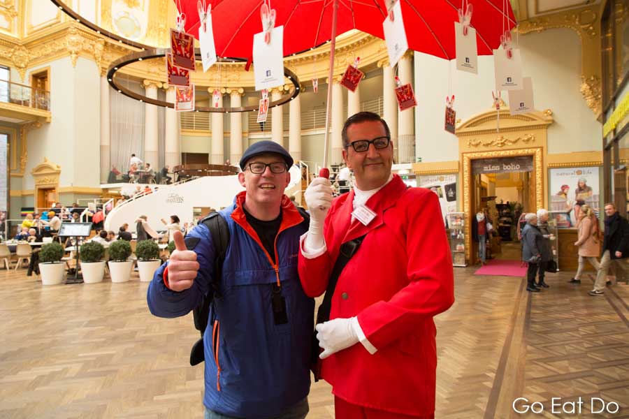 Travel blogger Stuart Forster with Jean Til at the Stadsfestzaal shoppping centre in Antwerp, Belgium