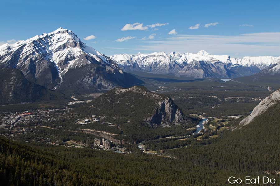The snow-capped mountains of the Canadian Rockies in Banff National Park.