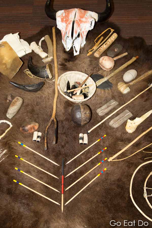 First Nations' artefacts made from bison displayed at Head-Smashed-In Buffalo Jump UNESCO World Heritage Site in Alberta