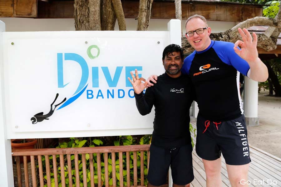 Travel writer and blogger Stuart Forster with diving instructor Mohammad at DIve Bandos at the luxury Bandos Maldives resort in the Maldives