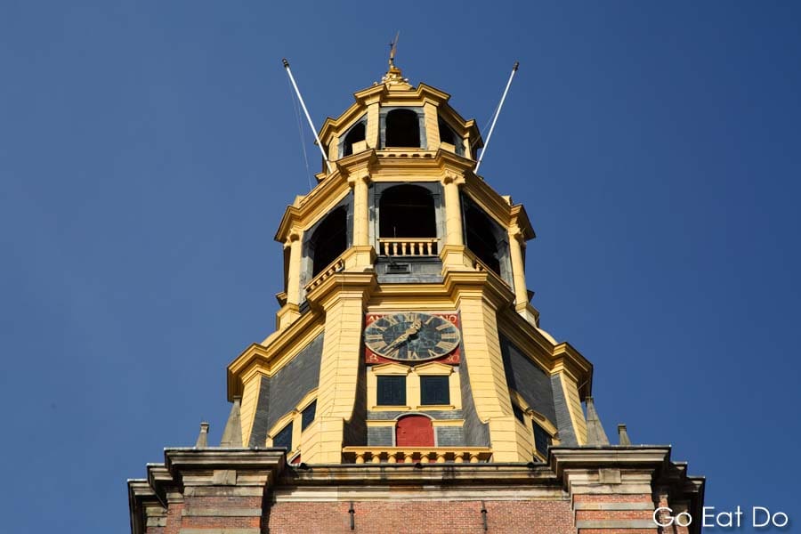 Clock tower of the Aa-kerk, dedicated to the Virgin Mary and St Nicholas, on a sunny day in Groningen, the Netherlands