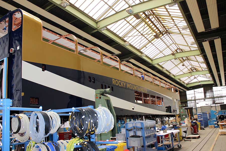 New Rocky Mountaineer GoldLeaf Service car on the production line in the Stadler worshop in the Reinickendorf district of Berlin, Germany