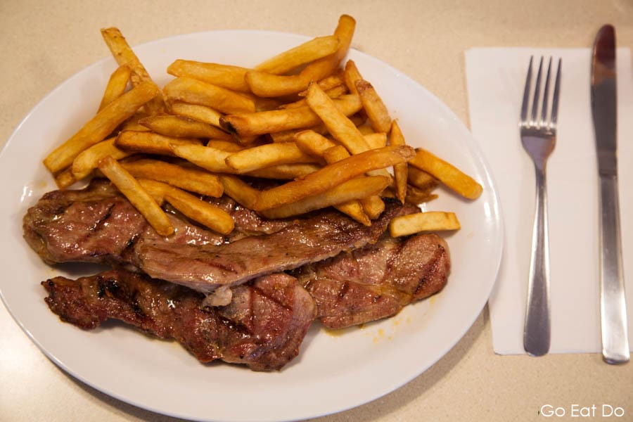 Pork strips and chips served at Gypsy's Bakery at Churchill in Manitoba, Canada