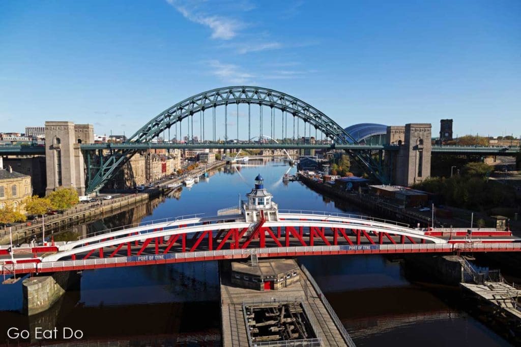 The Swing Bridge and Tyne Bridge spanning the River Tyne between Newcastle and Gateshead.