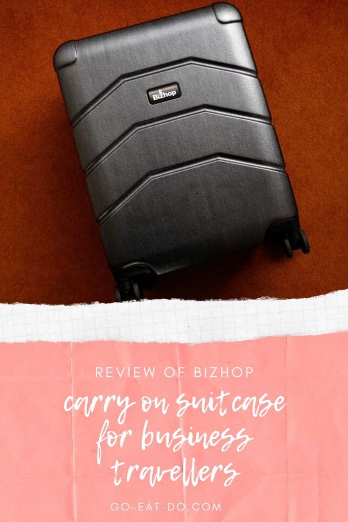 Pinterest pin for Go Eat Do's review of a Bizhop carry on suitcase for business travellers, carry on luggage for business travellers