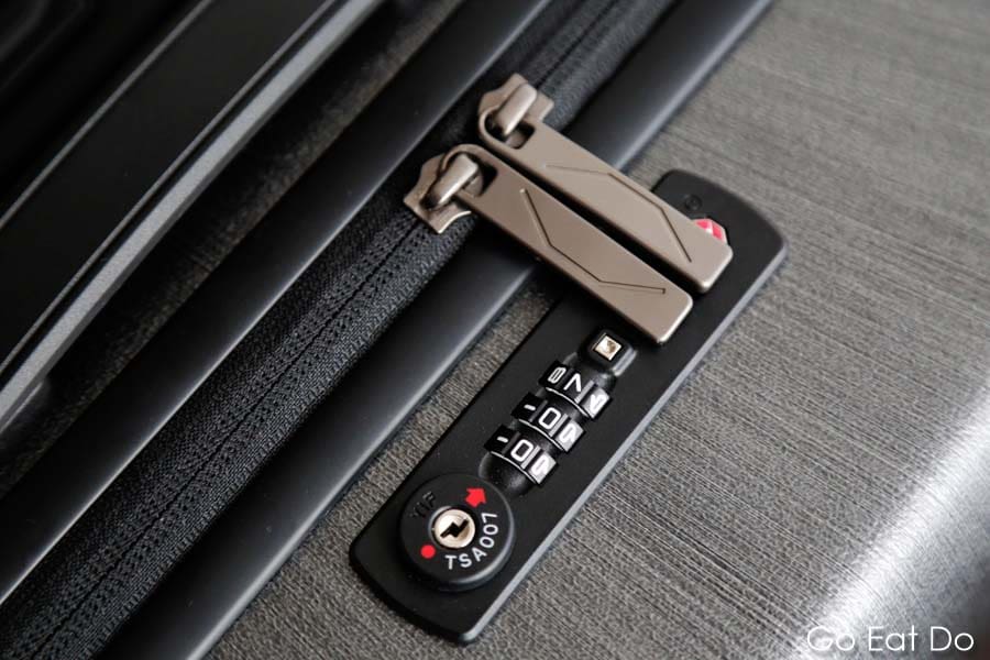 A TSA-approved lock with a three-digit combination on a Bizhop suitcase designed a carry-on business luggage