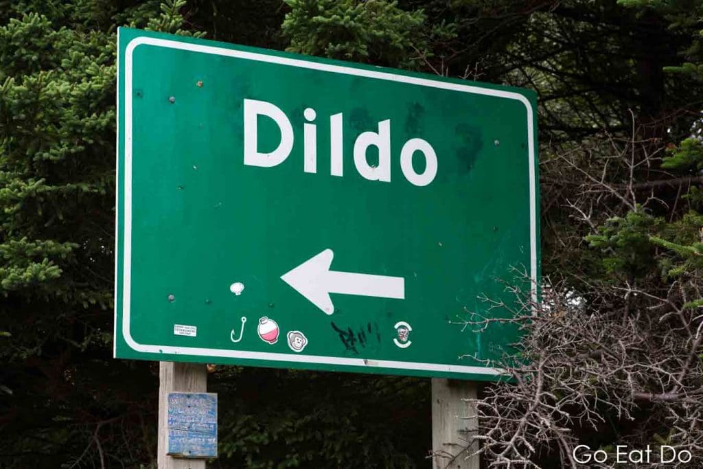 A road sign pointing to Dildo on Trinity Bay in Newfoundland and Labrador, Canada