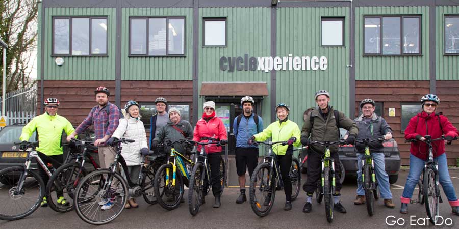Group of cyclists outside of the Cyclexperience headquarters at Brockenhurst in the New Forest National Park, England